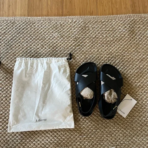 Liberté Leather Black Sandals with Cork Footbed - Picture 2 of 5